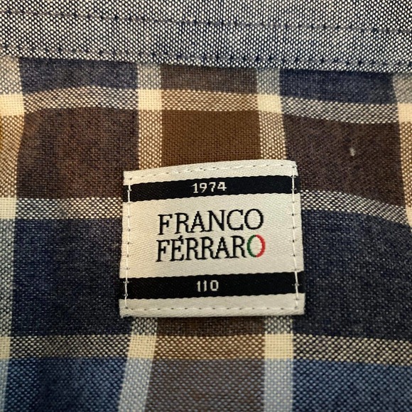 Franco Ferraro Shirt Mens Sz‎ XL 110 Navy Blue Brown Plaid Cotton Button Up - Picture 3 of 8
